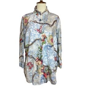 John Mark 100% Linen Top Button Up Blue Multi Artsy Wired Collar Size S